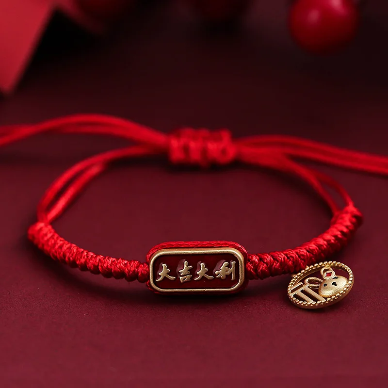 

Cute Simple Chinese Style Tradition Words Of Blessing Jade Rabbit Braided Bracelet For Women Rope Beaded Fashion Jewelry Gifts