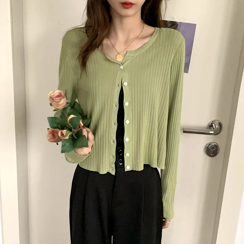 

Однотонный вязаный женский свитер, Осенний облегающий кардиган с круглым вырезом и длинным рукавом, Женский Повседневный Топ, модные Джемп...