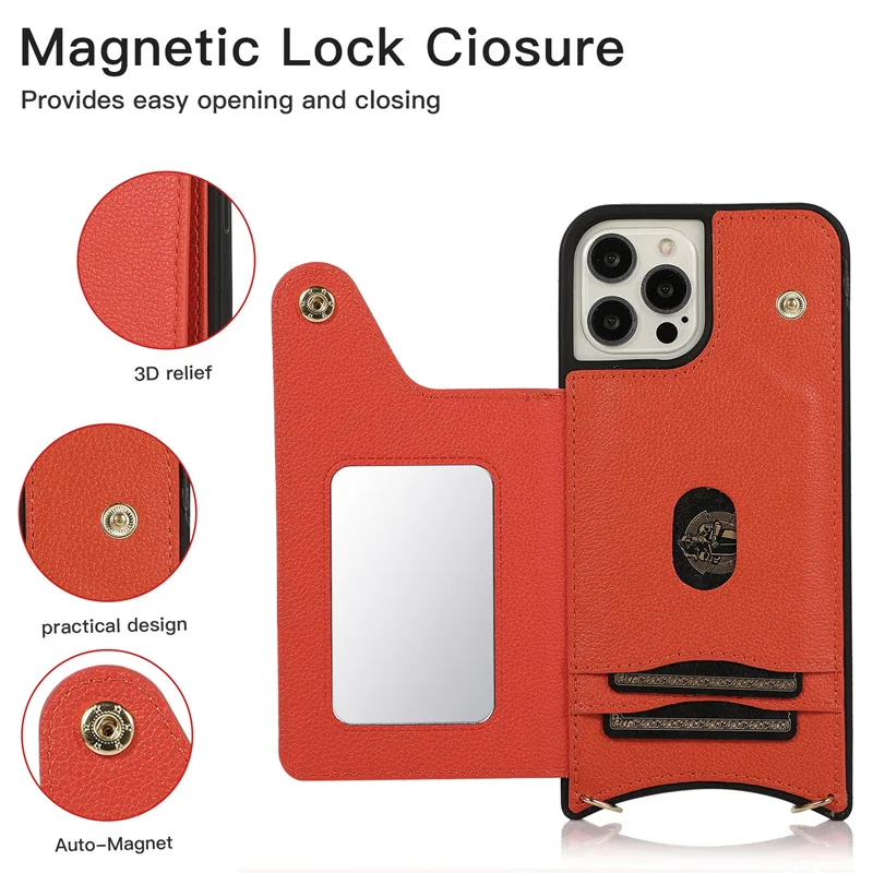 

Wallet Shoulder Strap Mirror Phone Case For iPhone 14 13 12 11 Pro Max XR XS 8 7 Plus Simple Card Pocket PU Leather Back Cover