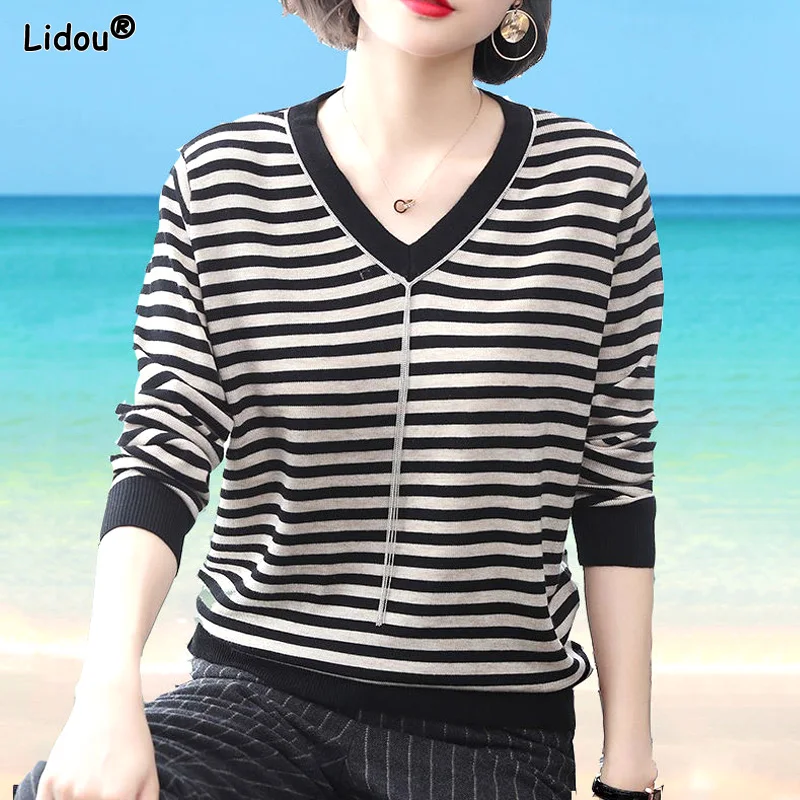 

Autumn Winter Thin V-neck Striped Loose Comfortable Splicing Chain Sweaters Pullovers Casual Simplicity Women's Clothing 2022