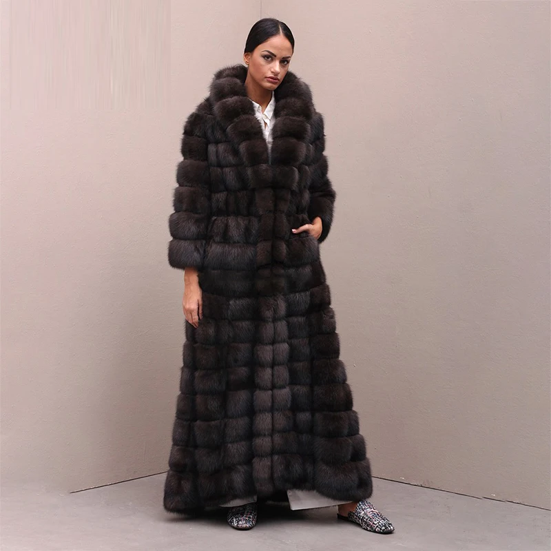 Luxury 100% Real Fox Fur Coat For Women Winter Nature Fur Sable Color Overcoat Plus Size 130cm Long Removable Real Fur Jacket