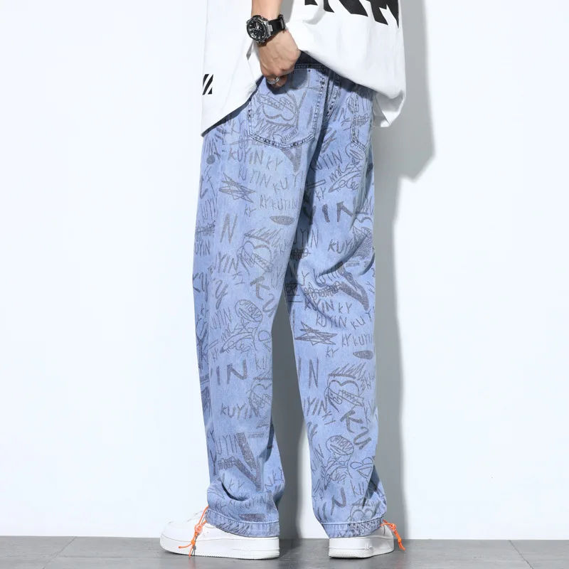 Four Seasons Men's Jeans Straight Leg Wide Leg Pants Ins Trend Pattern Printing Loose Straight Pants Fashion Street Men's Pants