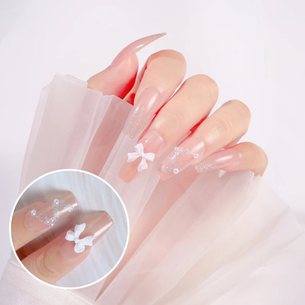 

24Pcs White Bow Detachable Fingernails Ballerina Wearable Fake Nails Press on Square False Nails Full Cover Nail Tips