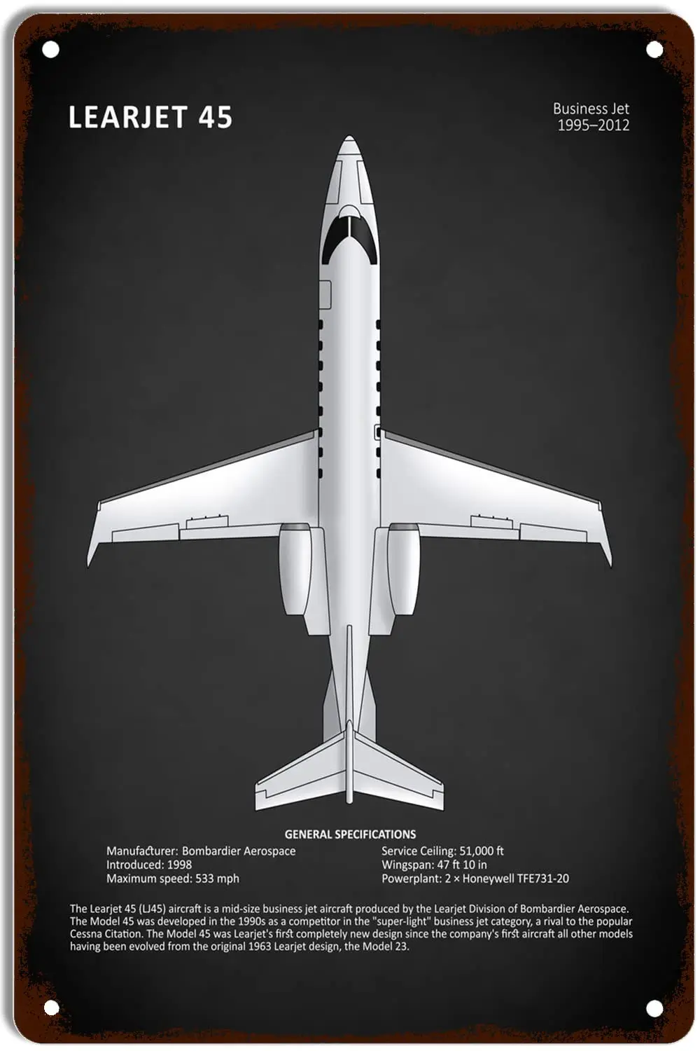 Металлический жестяной знак Learjet 45 настенный Декор для дома кухни бара паба