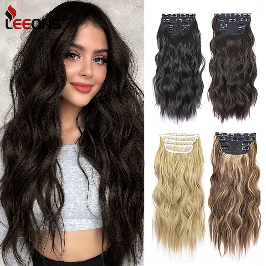 4Pcs 20Inch Synthetic Long Curly 11Clips Clip In Hair Extensions Body Wave Hairpiece Heat Resistant Fiber Ombre Blond Women inch