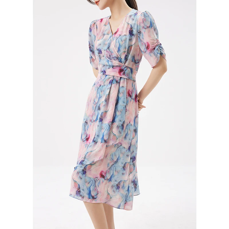 

2022 Summer Fashion Dress Women Prairie Chic A-LINE Printing Printing Mid-Calf V-Neck French Dress Women Natural Silk