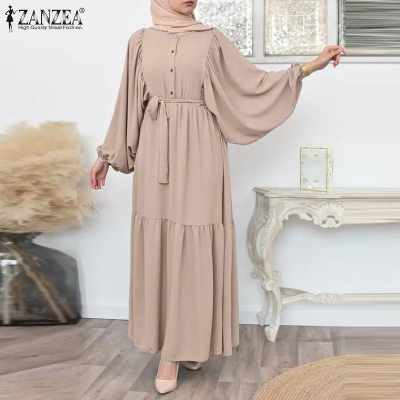Women Casual Belted Jilbab Sundress ZANZEA Elegant Long Puff Sleeve Muslim Shirt Dress Oversized Hijab Caftan Islamic Clothing
