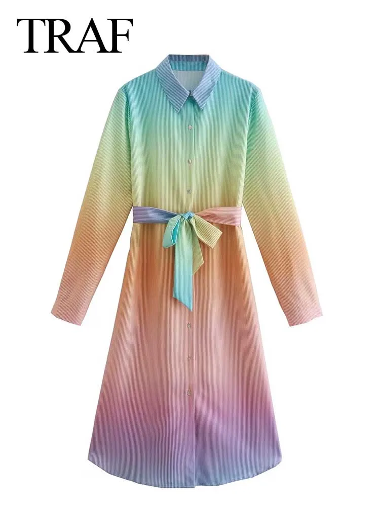 

TRAF Fashion New Blouse Dress Gradient Colored Single Breasted Lapel Long Sleeve Slim Belt Bow Dress Elegant Beautiful Summer