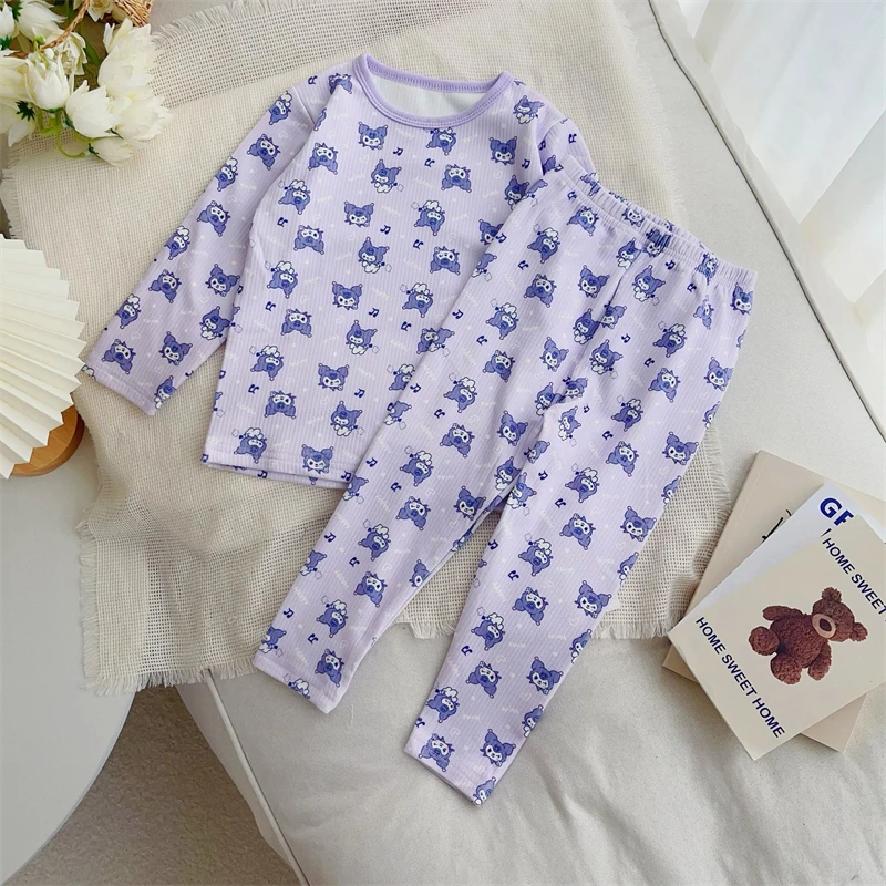 

Sanrio Kawaii Hello Kitty Kid's Pajamas Anime Kuromi Autumn New Velvet Jacquard Bottoming Autumn Clothes Set Cute Halloween Gift