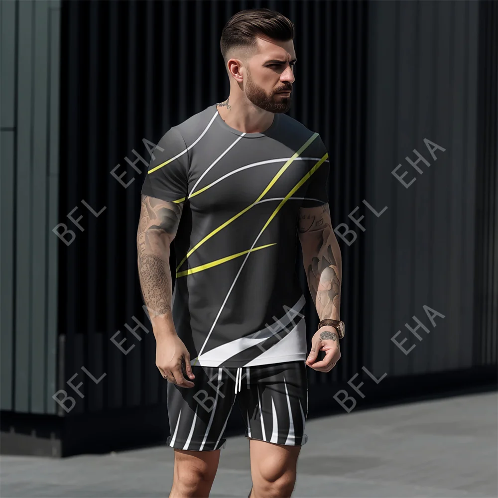 2023 New Mens Fashion Suits 2-piece Sets 3D Geometric lines Print Men Street Short T Shirts+Shorts Casual Oversized Man Clothing