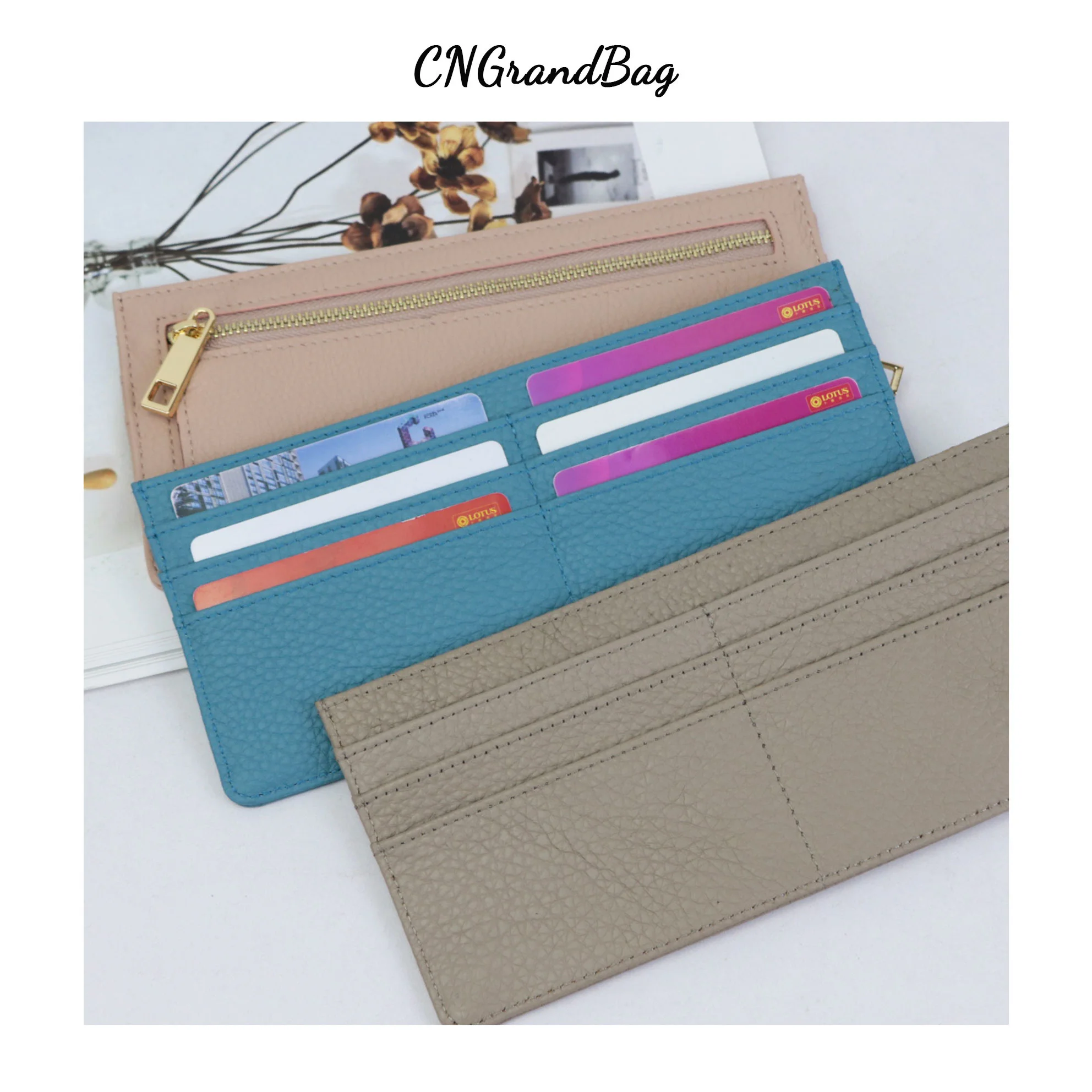

Monogrammed Letters Genuine Leather Women Card Wallet Slim Flat Wallet Zip Purse Ultra Thin Leather Long Wallet