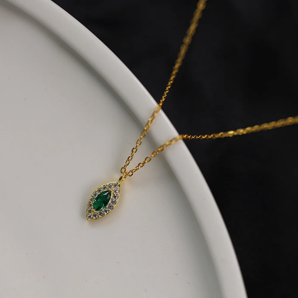 

Ожерелье из серебра 925 пробы с простым Европейским ПАВЕ, кулон с зеленым сглаза, цепочка до ключиц, женское классическое свадебное украшение