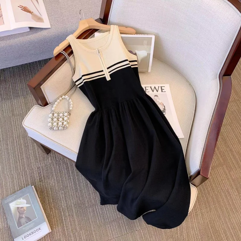 

Women's Sleeveless Knitted Tank Top Black Dress Summer New Fashion Young Girl Casual Off Shoulder Straight A-line Long Dress