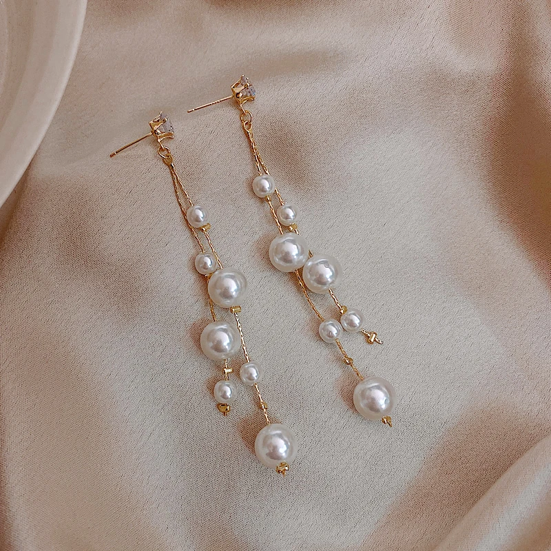 

Pearl Tassel Earrings for Women Girls Korean Fashion Long Dangle Designer Sexy Jewelry Accessories Party Unusual Rhinestone