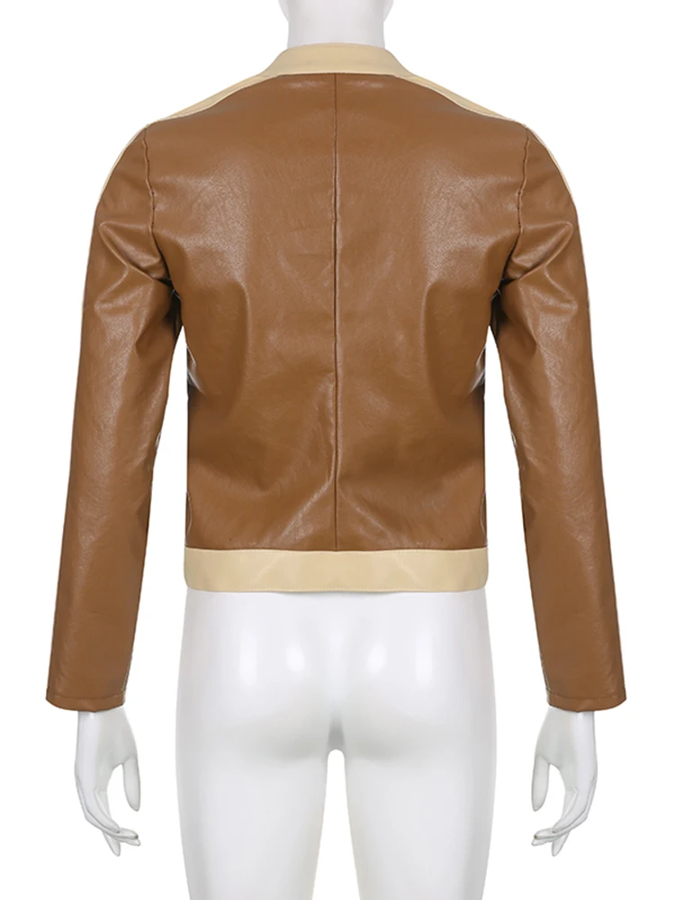 YIKUO Brown Faux Leather Zip Up Coats Women Contrast Patchwork Full Sleeve Bomber Racing Jackets Vintage Street Style Outwear
