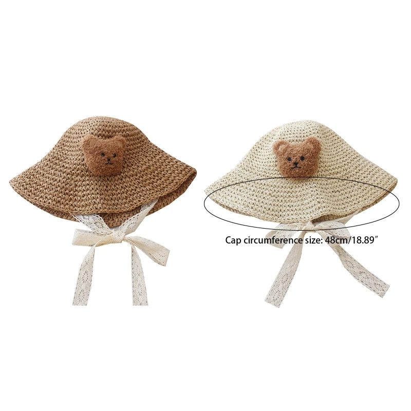 

Baby Girls Straw Hat Breathable Lace Hat Headdress with Plush Bear Comfort Sun Skin Friendly Newborn Beach Visor