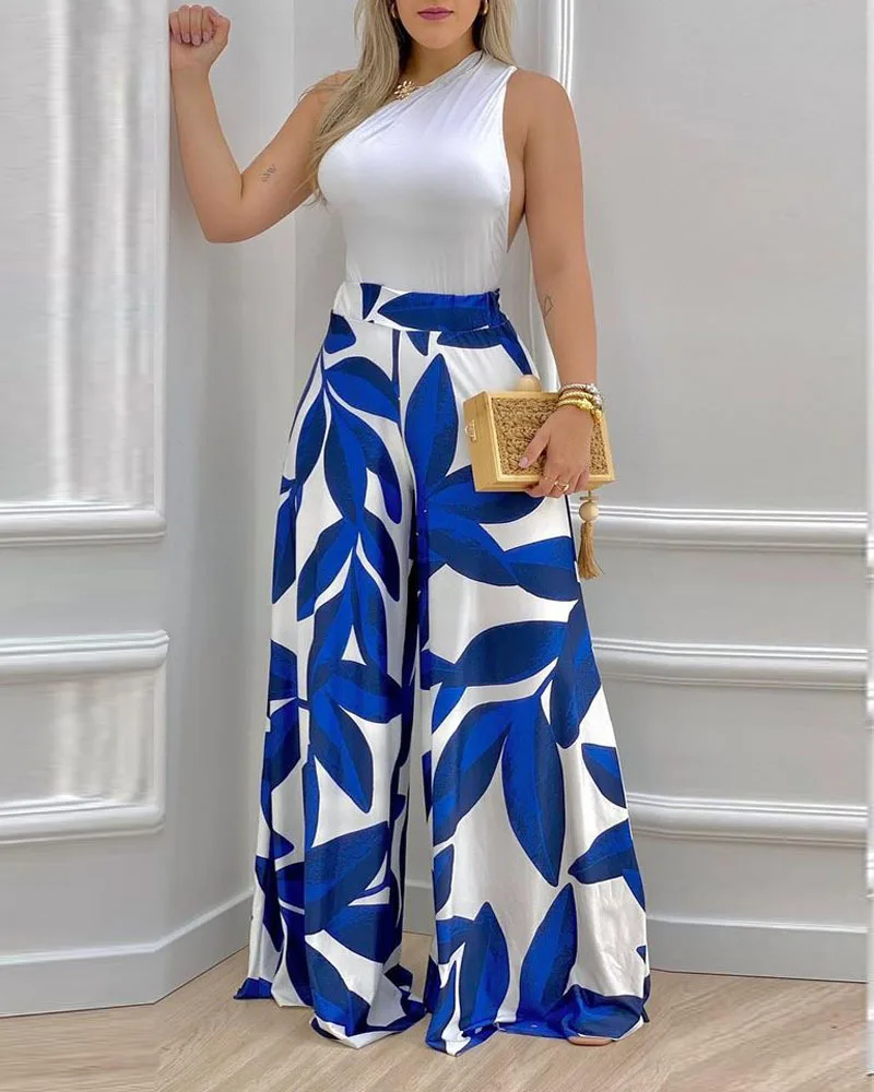 

Women Print One Shoulder Backless Wide Leg Jumpsuit