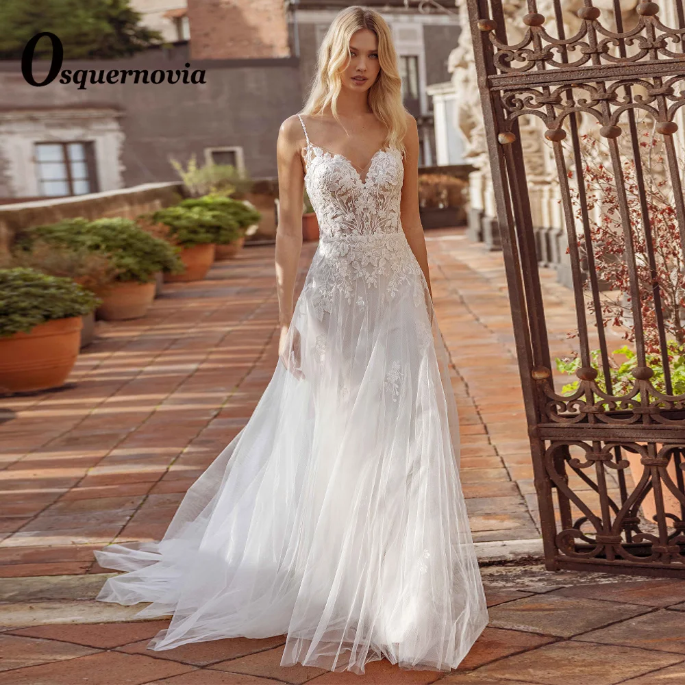 

Osquernovia A-line Wedding Dress 2023 Beading Spaghetti Straps V-neck Shinny Appliques Backless Sweep Train Robe De Mariée