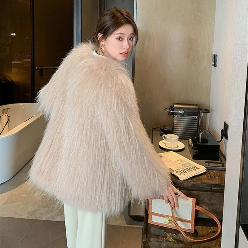 2022 Winter New 2-color Fox Fur Coat Women Mid-length Fashion Faux Fur Young Long-sleeved Round Neck Fur Coat Personality Street