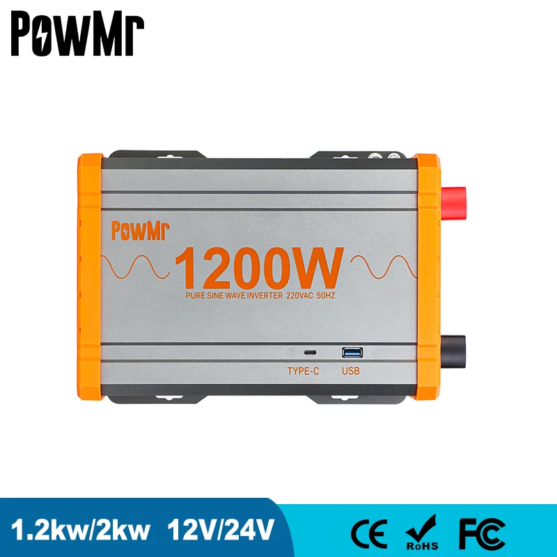 PowMr Solar Inverter 12V 24V 220V Pure Sine Wave Inverter 1KW 2KW with Fast Charging 3.0 USB  Type C Port Transformer Convert