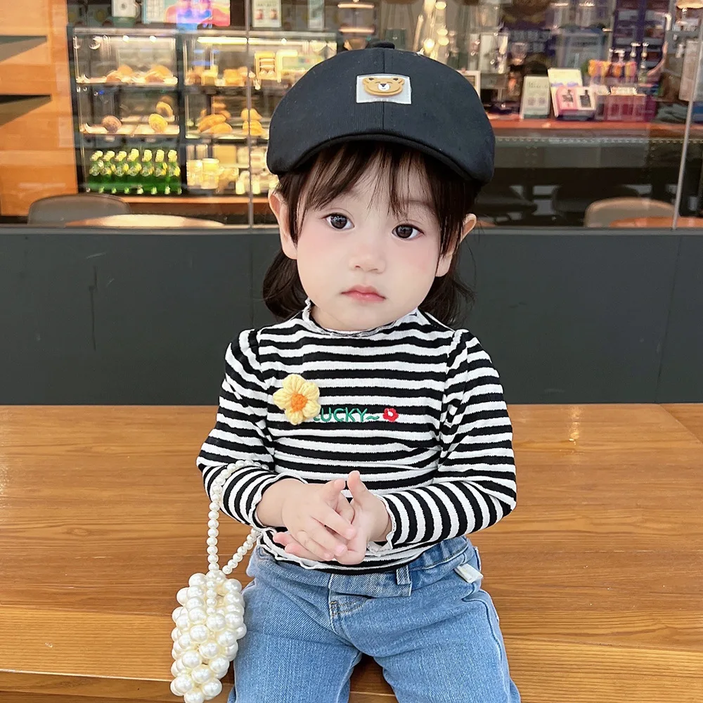 

Baby Tee Autumn New Ins Korean Version Girl Baby Puff Sleeve Wool Flower Princess Style Bottoming Shirt With High Elasticity