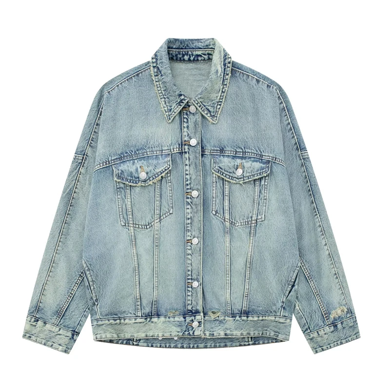 

Женская джинсовая куртка с отложным воротником, однобортная рваная джинсовая куртка с длинными рукавами, свободный Универсальный джинсовый топ, Новинка осени 2023