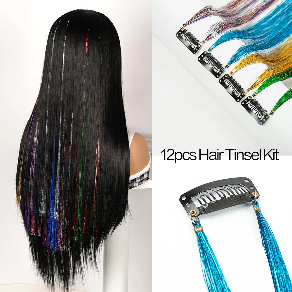 

Upgraded Hair Tinsel Clip Ins 12 Colors Fairy Hair Tinsel Heat Resistant Sparkling Tinsel Hair Extension Easy Instrall For Women