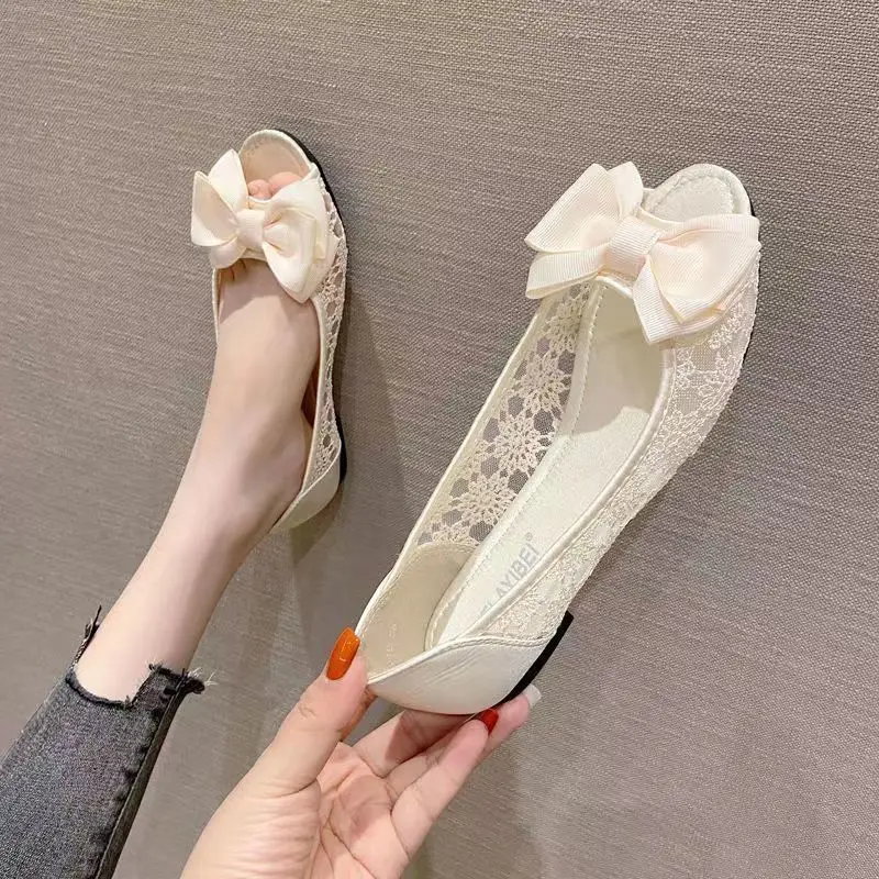 

Breathable Mesh Shoes Women's Flat Black Professional Work Shoes Flat Heel Bow Round Toe Lace Shoes Summer Woman Flats
