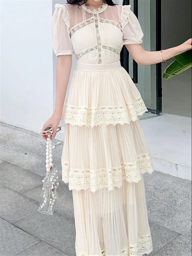 Elegant A-Line Party Solid Sexy Embroidery Lace Woman Vintage 2023 Dresses Women Short Sleeve Dress Boho Mesh Summer Vestido