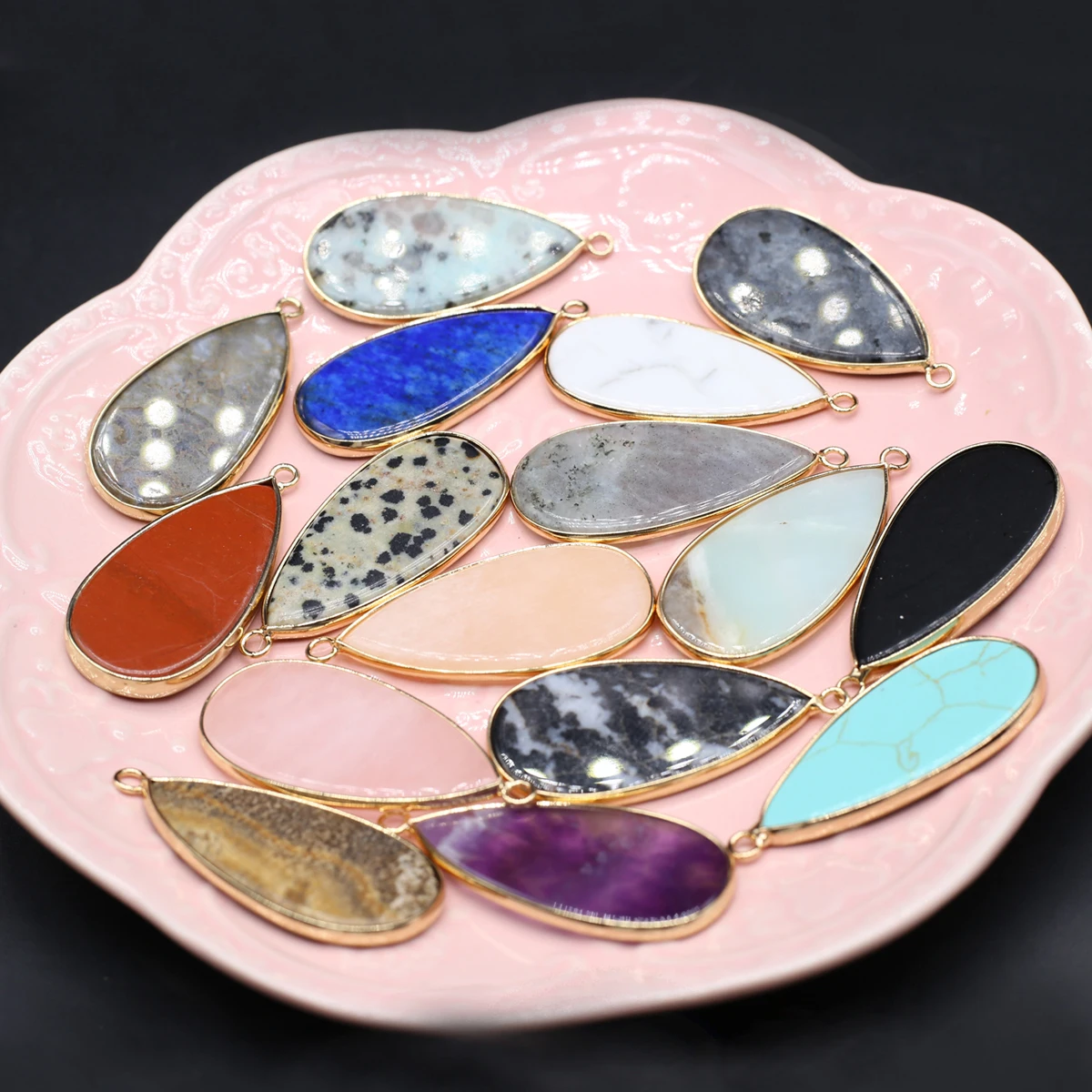 

Natural Gemstone Pendants Long Water Drop Gold Plated Lapis lazuli Opal for Trendy Jewelry Making Diy Women Necklace Earrings