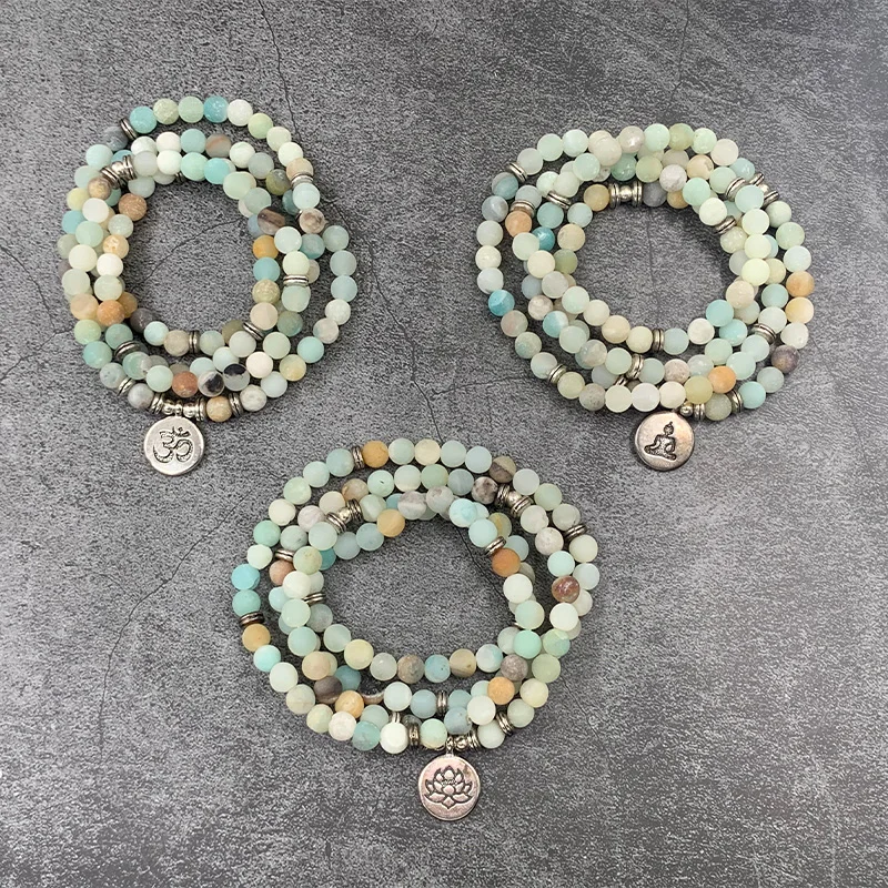 

Women`s Bracelet Matte Frosted Amazonite Beads with Lotus OM Buddha Charm Yoga Bracelet 108 Mala Necklace Dropshipping
