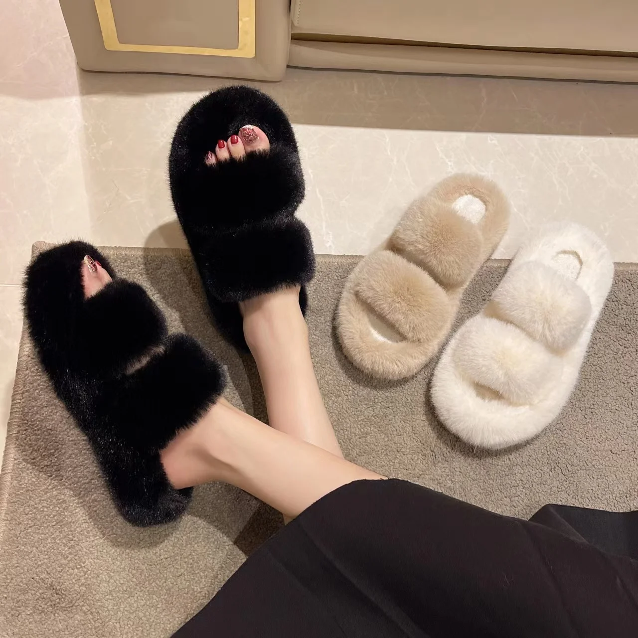 

Fur Shoes House Slippers Platform Slipers Women Med Slides Fashion Plush 2022 Soft Flat Luxury Rubber with fur Short Fur Shoes S