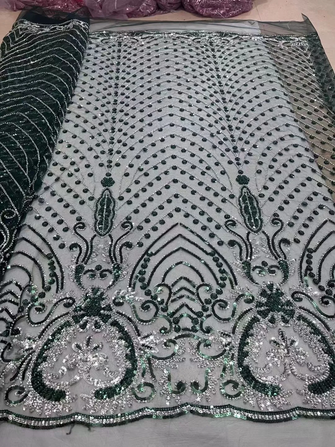 

Green Africa Lace Fabric High Quality 2023 champagne Beaded Lace Fabric Wedding Heavily Nigerian Tulle Lace Fabric With Sequins