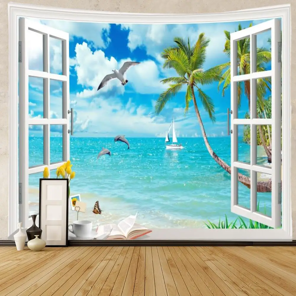 

Tapiz de ventanas con paisaje oceánico para colgar en la pared, decoración Bohemia para habitación, manta Tie Dye, decoración