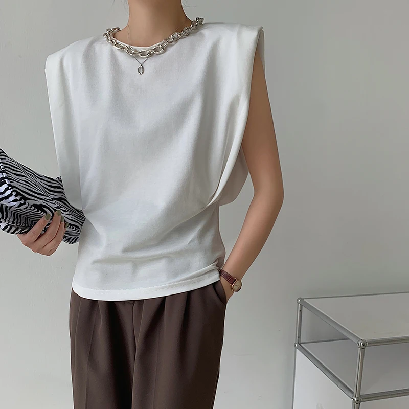 

Designer Solid Color Cotton Short Sleeve T Shirt with Padded Shoulders Fashion Woman Blouses 2022 Harajuku Aesthetic Sleeveless