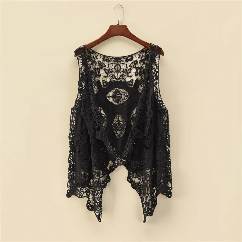 

Летняя Пляжная Солнцезащитная блузка с вырезами, модный тонкий кардиган, женская одежда, повседневная свободная кружевная рубашка без рука...