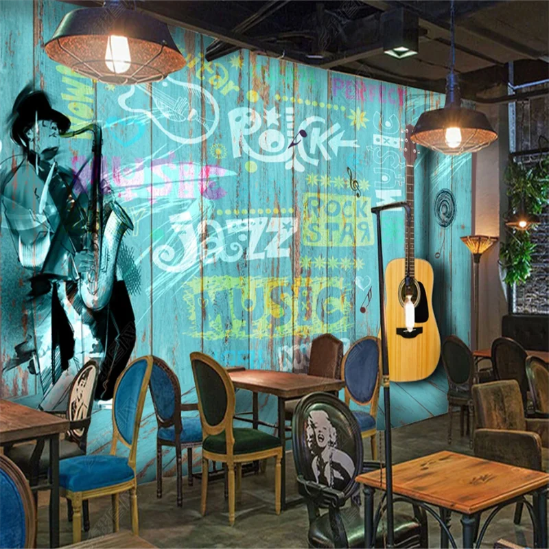 Blue Wood Graffiti Guitar Wall Paper Industrial Decor Mural Bar KTV Music Theme Restaurant Club Background Wallpaper Papel Tapiz