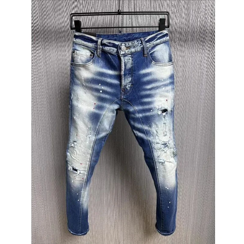 

Men's Fashion Casual Hole Spray Painted Jeans Trendy High Street Denim Fabric Pants A605