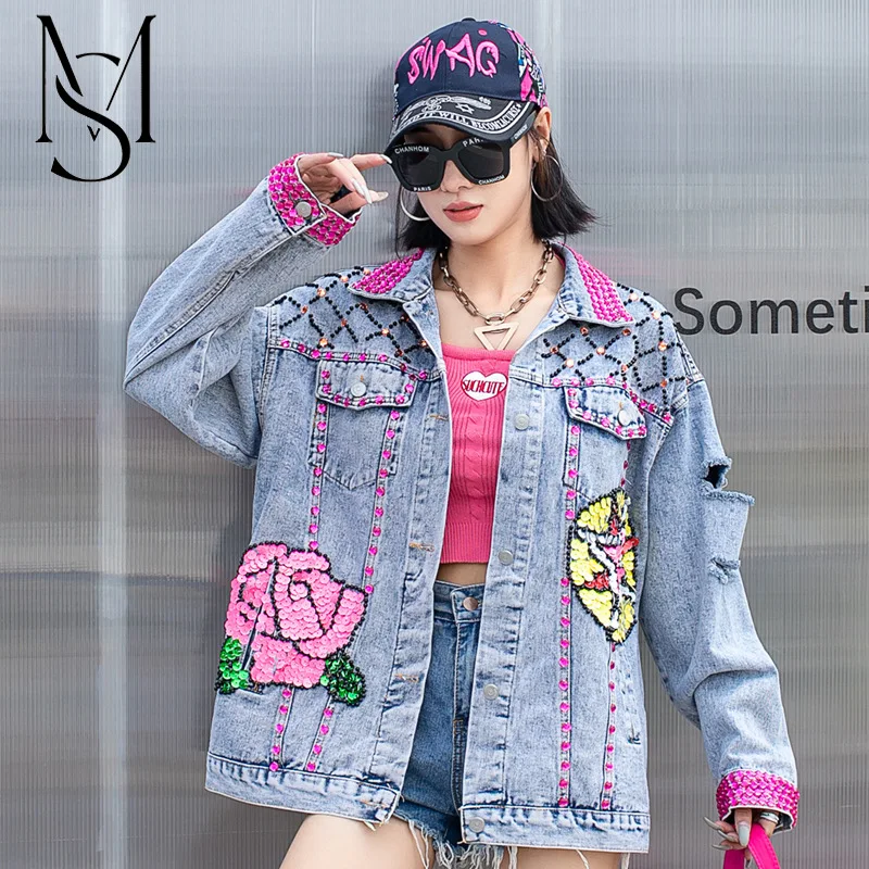 

Thailand Chaopai 2022 Spring and Autumn New Style Bead studded Rivet Denim Coat Loose Cross border Women's Large Edition Top