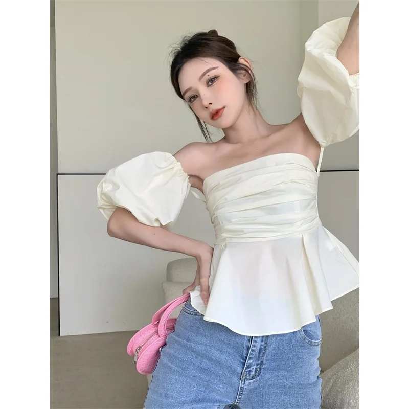 

Fashion Short Sleeve White Shirt Puff Sleeve Top Women