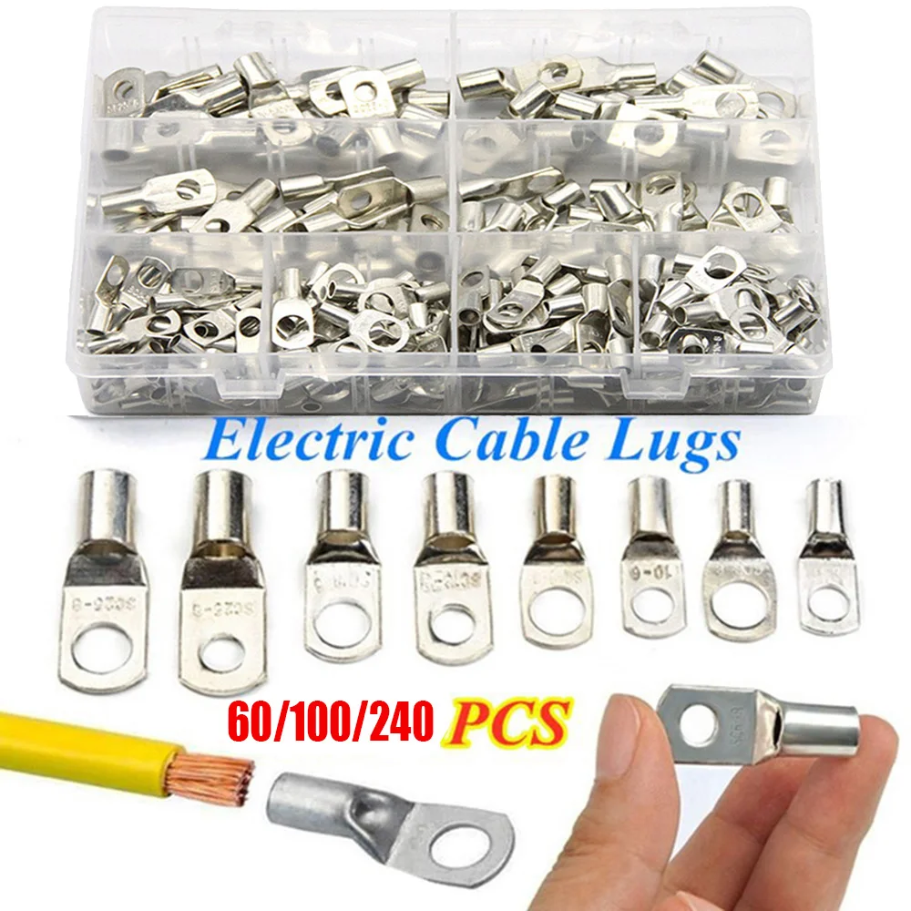 

60/100/240Pcs SC6-25 Bare Terminals lug Tinned Tube Lug Seal Battery Wire Connectors Bare Cable Crimped/Soldered Terminal Kit