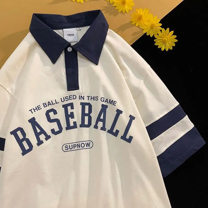 Navy Comfort Cotton Vintage Baseball POLO Collar T Shirts Summer Large 2XL Oversized Couples Teens Tops Harajuku Korean Fashion images - 6