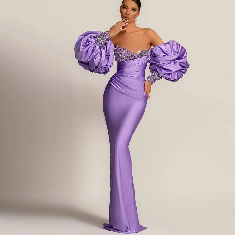 

Элегантные женские вечерние платья с рукавами-фонариками, соблазнительное атласное Плиссированное Платье с V-образным вырезом, открытыми плечами, бусинами и юбкой-годе, официальное платье 2024