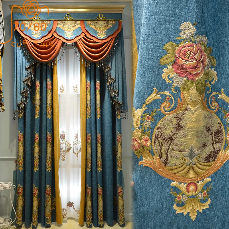 2022 American Luxury Chenille Jacquard Stitching Thickening Blackout Curtains for Living Room Bedroom European Style