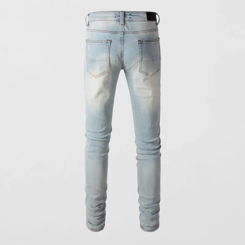 High Street Fashion Men Jeans Retro Light Blue Elastic Stretch Skinny Fit Ripped Jeans Patched Designer Hip Hop Brand Pants Men