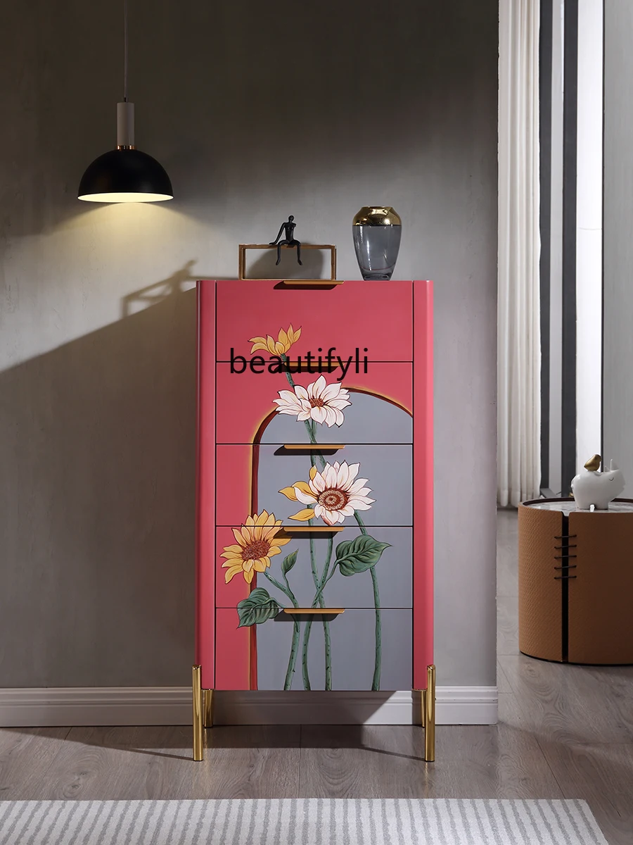 

zqChest of Drawers Living Room Storage Organizer Hand Painted Decorative Solid Wood Beauty Salon Cupboard Italian Cabinet
