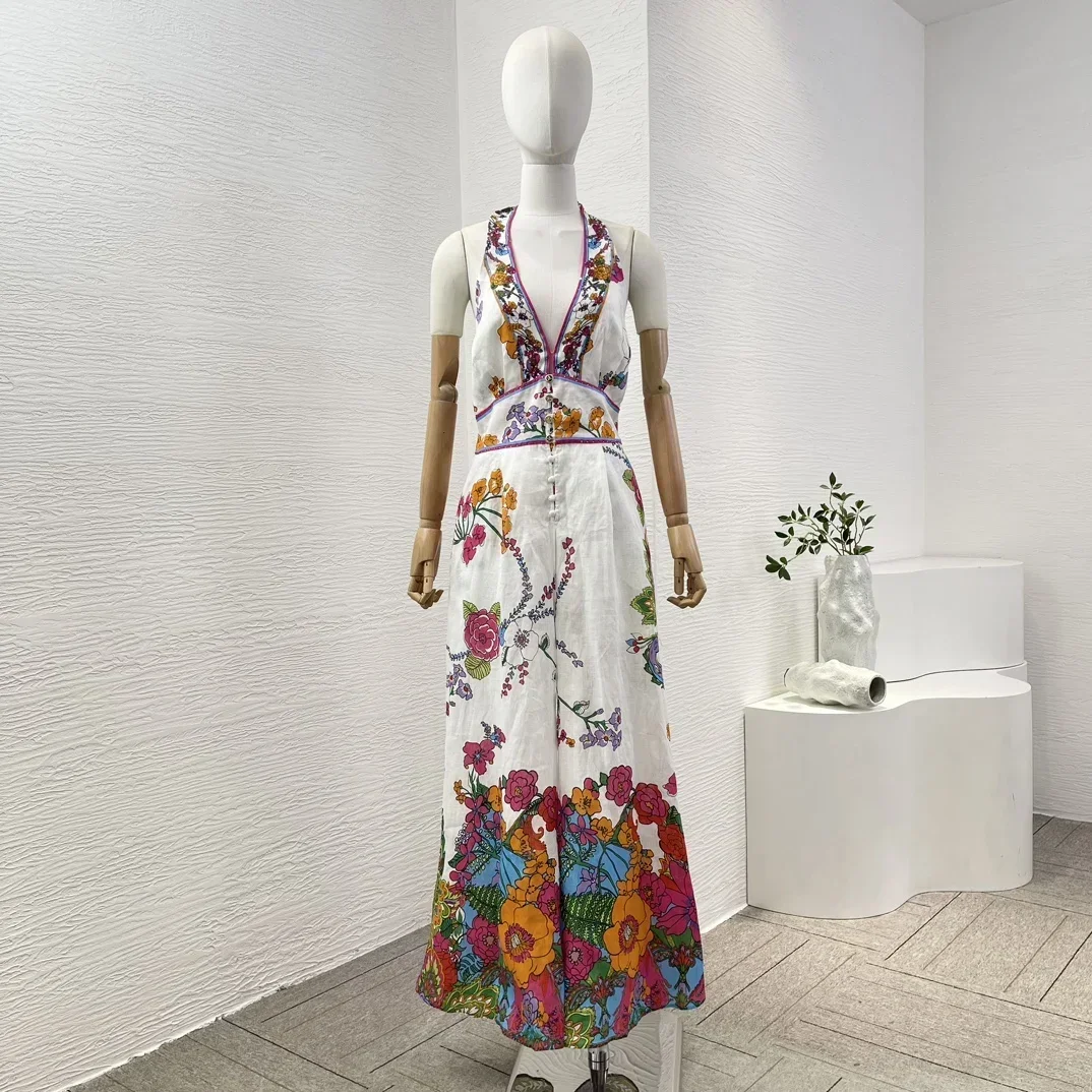 Лето 2024 новые поступления женский комбинезон с белым цветочным принтом и