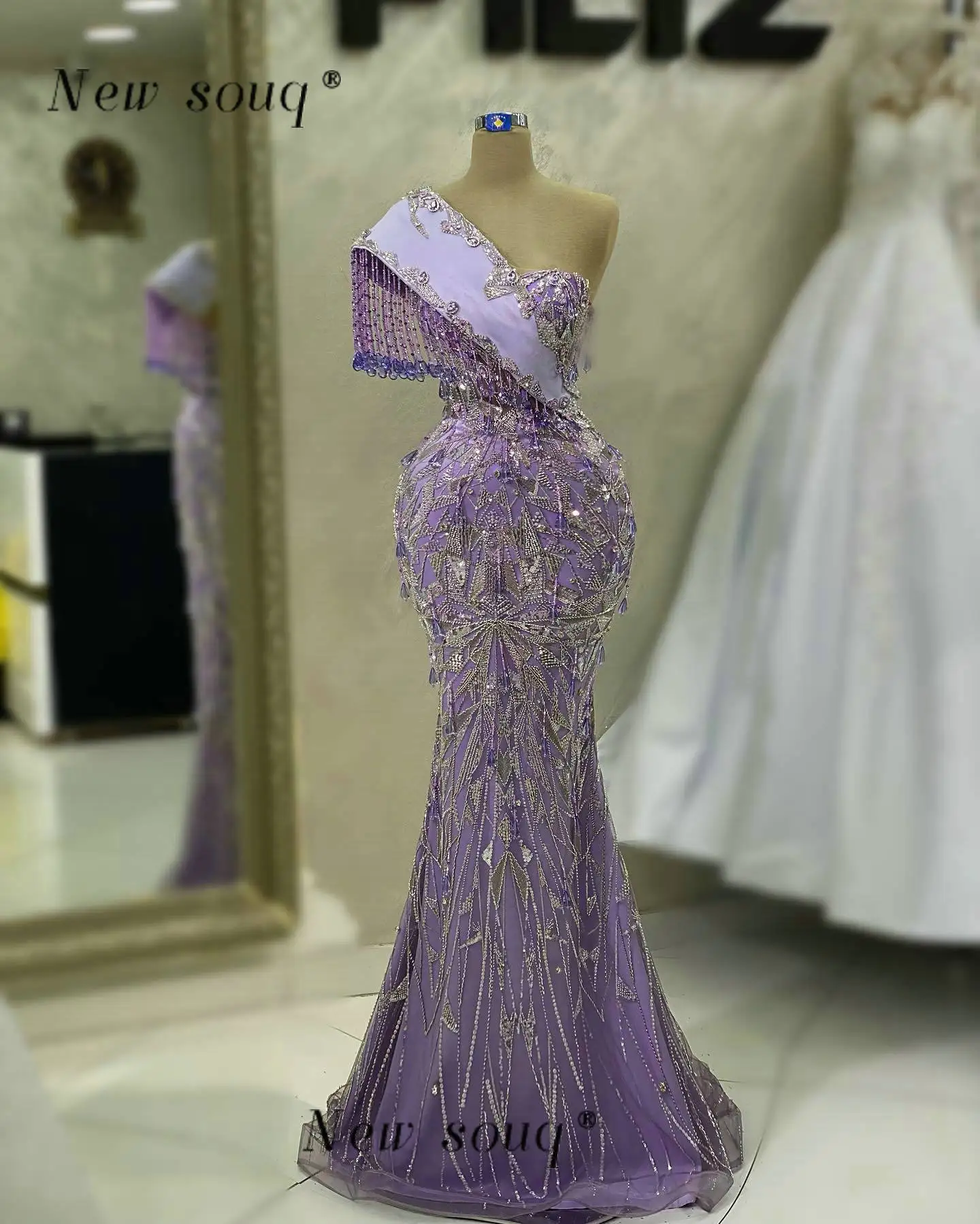 

Arabic Lilac Tassel Beading One Shoulder Mermaid Evening Dresses Long Formal Sleeveless Party Gowns Women Wedding Guest Wear