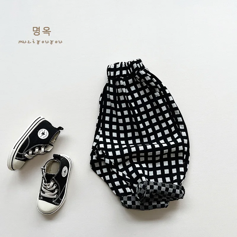 

2023 Spring Autumn New Kid Boy Plaid Wide Leg Pants Girl Baby Loose Casual Outdoor Fashion Pant Children Cotton Pocket Trousers
