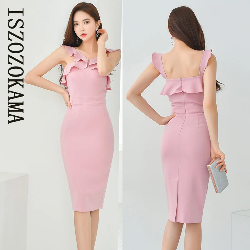 

Розовое сексуальное облегающее платье ISZOZOKAMA, корейское летнее женское платье без рукавов с оборками, бордовое вечернее офисное Платье До К...